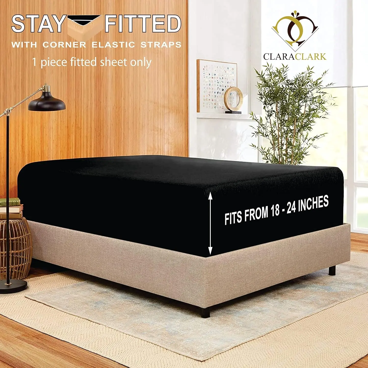 Stay Fitted Single Sheet, Fitted Sheet ONLY! Stay Fit on Mattress with Elastic Straps at Corners, Deep Pocket Fitted Sheet, Fits 18 to 24 Inch Mattress, King – Black