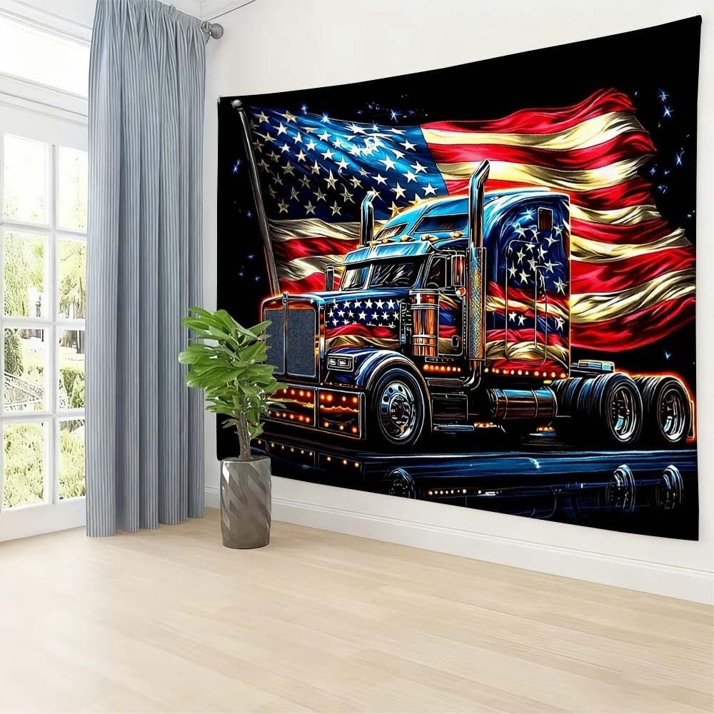 1PC Independence Day themed tapestry wall decoration for living room or bedroom featuring American flag and truck design enhances atmosphere during gatherings and celebrations suitable for creating a patriotic home ambiance perfect for daily enjoyment and