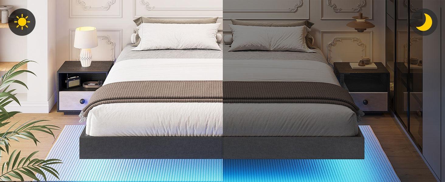 Sikaic Floating Bed Frame Linen Upholstered Platform With LED Lights Underbed Storage Space Dark Grey Angersbed Modern Headboard Unique Bedroom Furniture