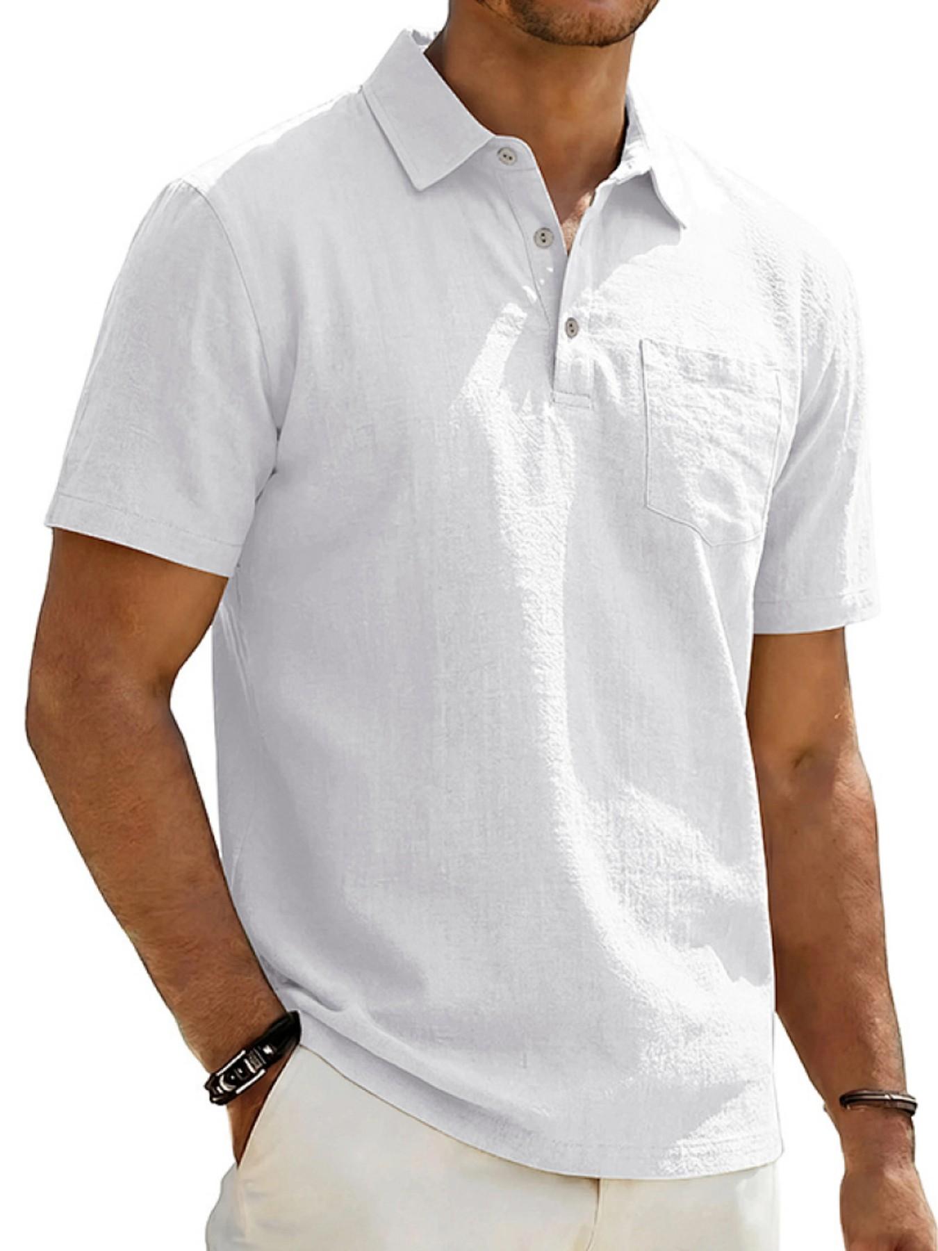 Men's Summer Linen Polo Shirt, Loose Fit Business Casual Breathable Commuter Top, Simple Design Short Sleeve Polo for Men
