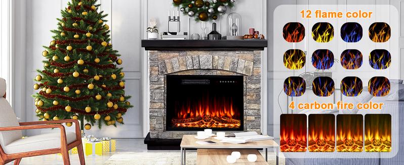 PUKAMI Electric Fireplace with Mantel, 36 inch Freestanding Stone Fireplace Heater TV Stand with Remote Control, Realistic Flame Effect and 3D Log, 750W/1500W
