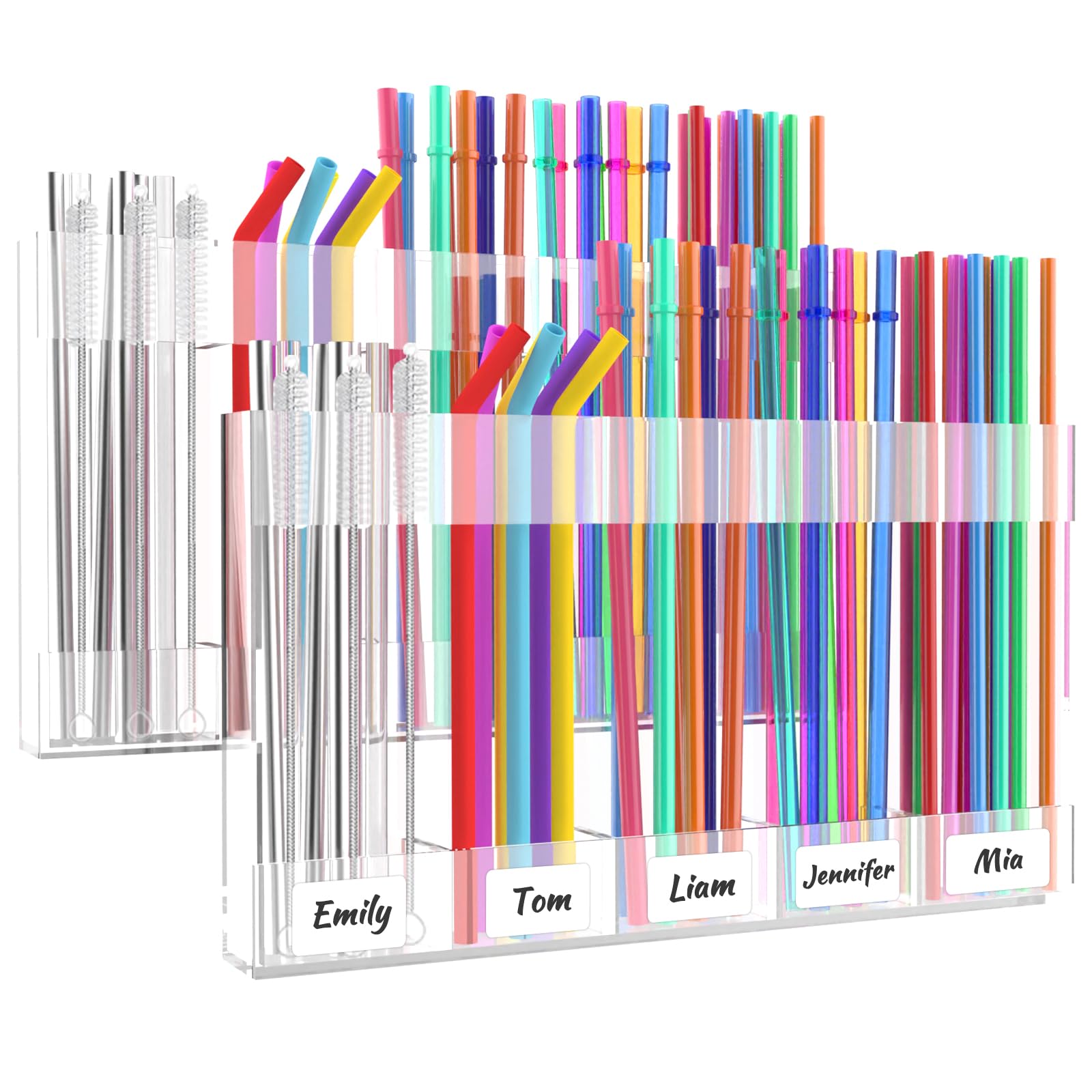Straw Holder for Cabinet Door, 9.8” Adjustable Two-Part Large Acrylic Straws Organizer with Ultra Sticky Adhesive Strips, 2025 Reusable Straw Storage for Kitchen Drawer(Transparent)