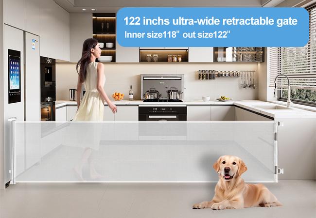 Retractable  pet Gate,Mesh Baby Gate or Mesh Dog Gate,33" Tall,Extends up to 55" 71"118"168"197"Wide,Child Safety Gate for Doorways, Stairs, Hallways, Indoor/Outdoor