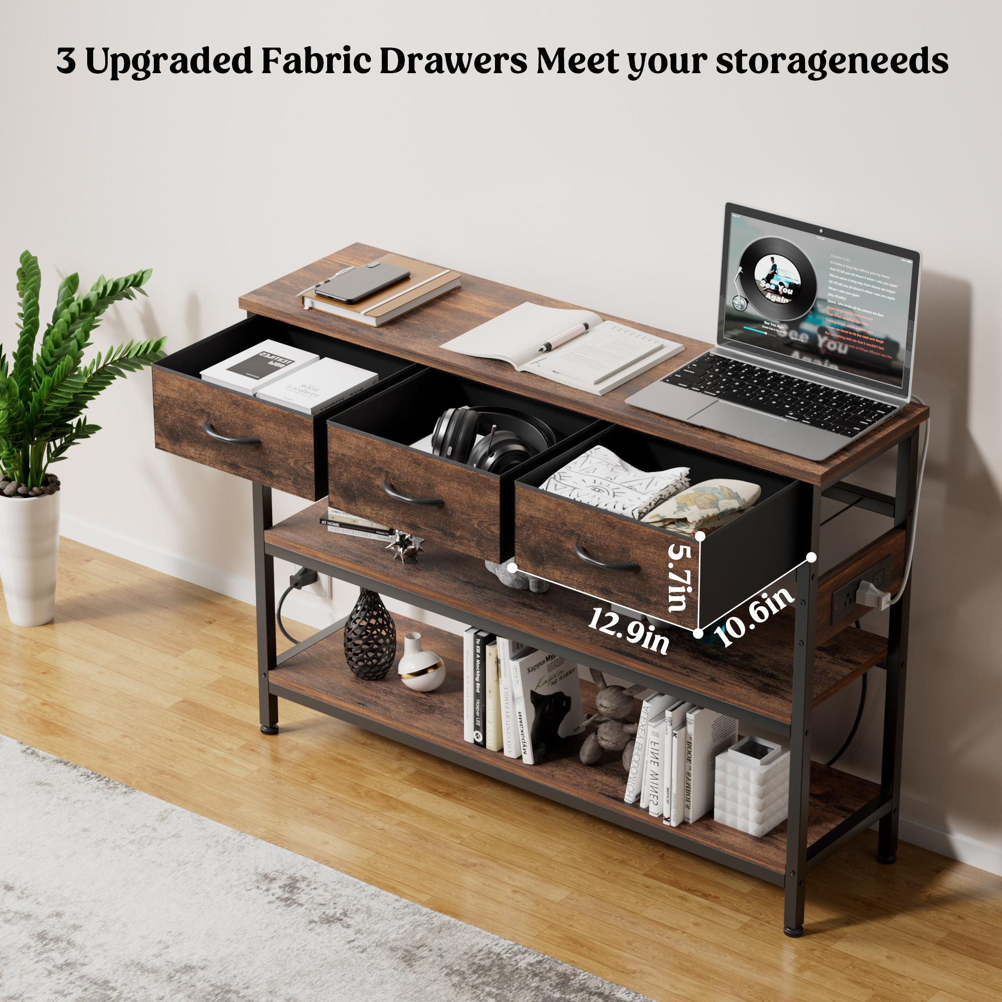 Aowos Entryway Table with Power Outlets, Console Table with 3 Fabric Drawers, 3 Drawers Dresser, Entryway Console Table with storage for Living Room, Hallway, Couch, Foyer, Height Adjustable