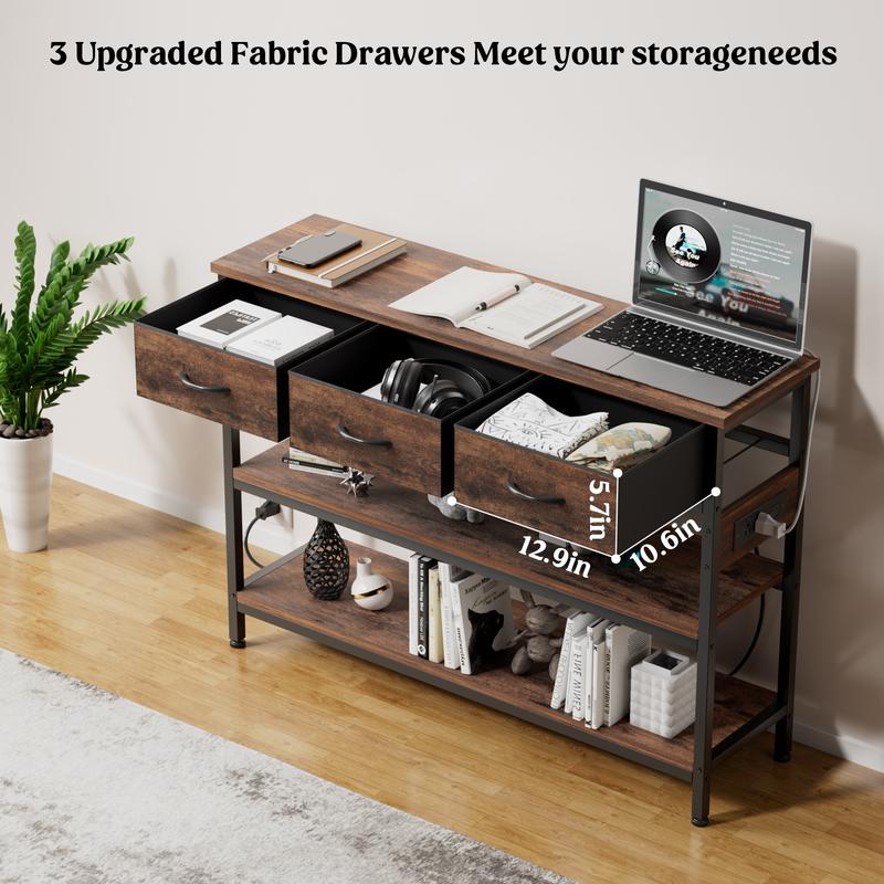 Aowos Entryway Table with Power Outlets, Console Table with 3 Fabric Drawers, 3 Drawers Dresser, Entryway Console Table with storage for Living Room, Hallway, Couch, Foyer, Height Adjustable