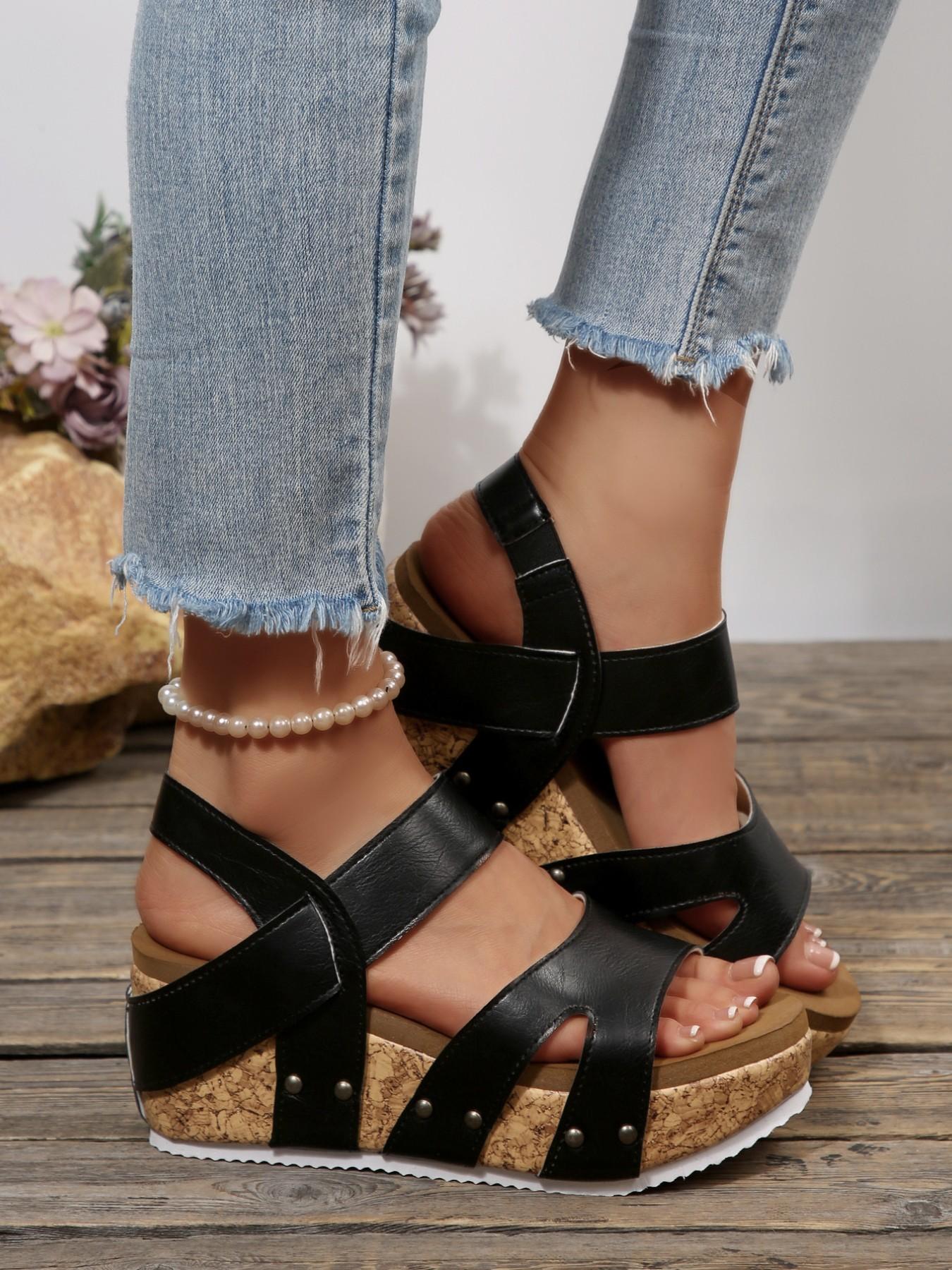 Women's Summer Wedge Sandals, Cork Sole Rivet Thick Bottom Shoes, Beach Vacation Versatile Heel Boosters, Comfortable and Stylish Footwear