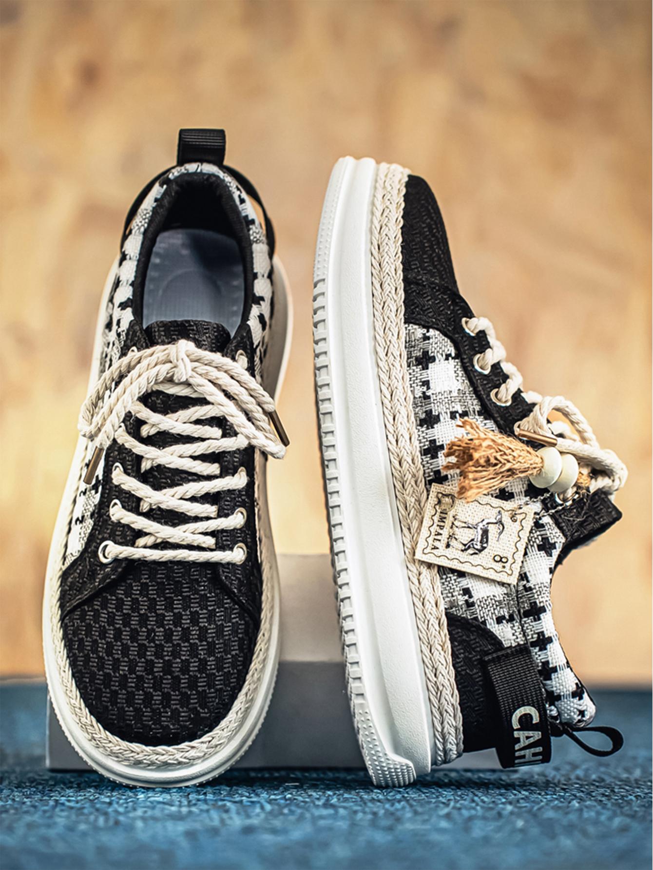 Summer New Men's Retro Plaid Laces, Braided Rope Shoelace Design, Easy-On-Off Hemp Laces, Commuter & Casual Shoes, Versatile Footwear