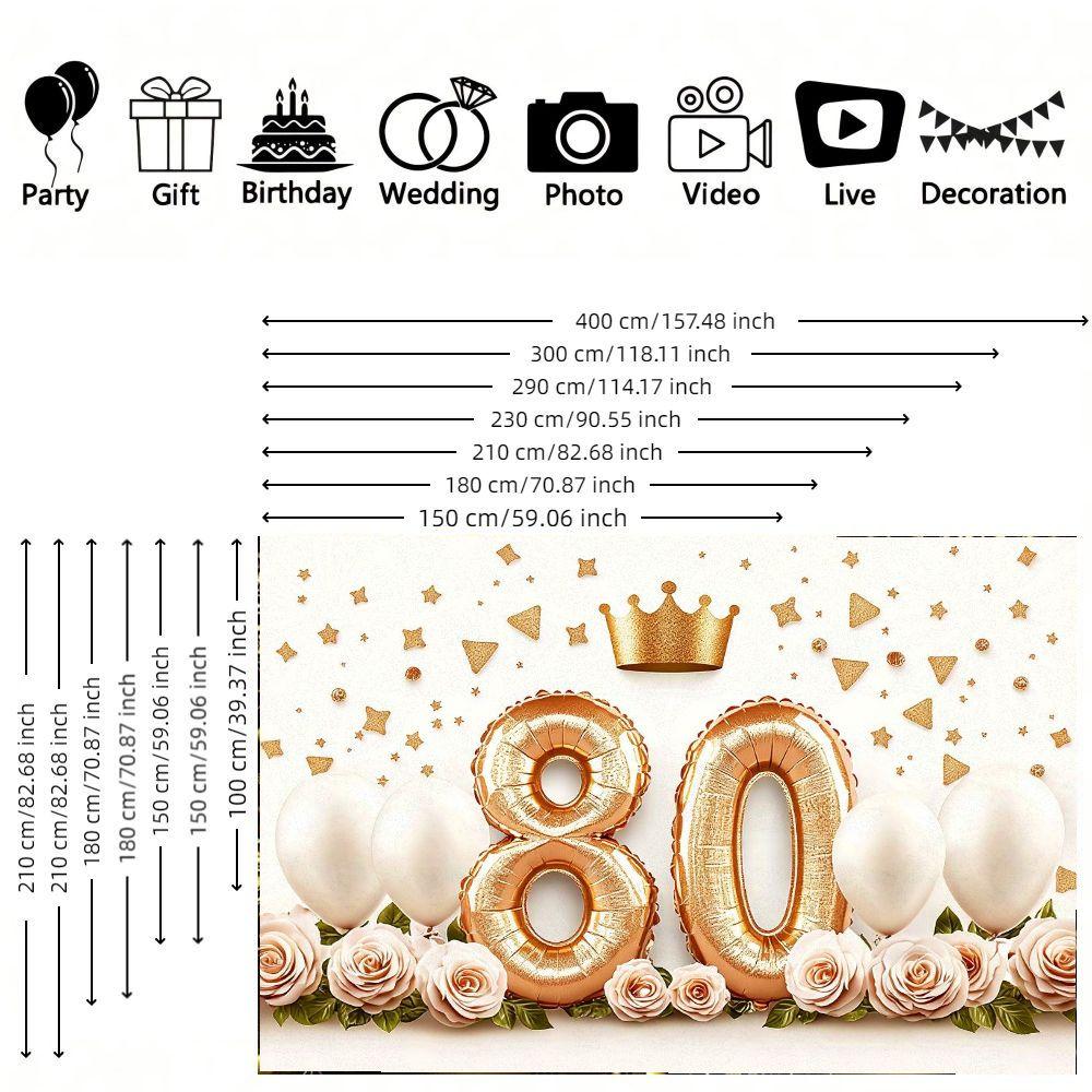 2D flat banner, 1pc80th Birthday Party Decorations, Gold Foil Number 80 Balloons Crown Shaped Balloon with Pink Roses & White Balloons, Gold Confetti Background, Festive Celebration Decor for Milestone Event