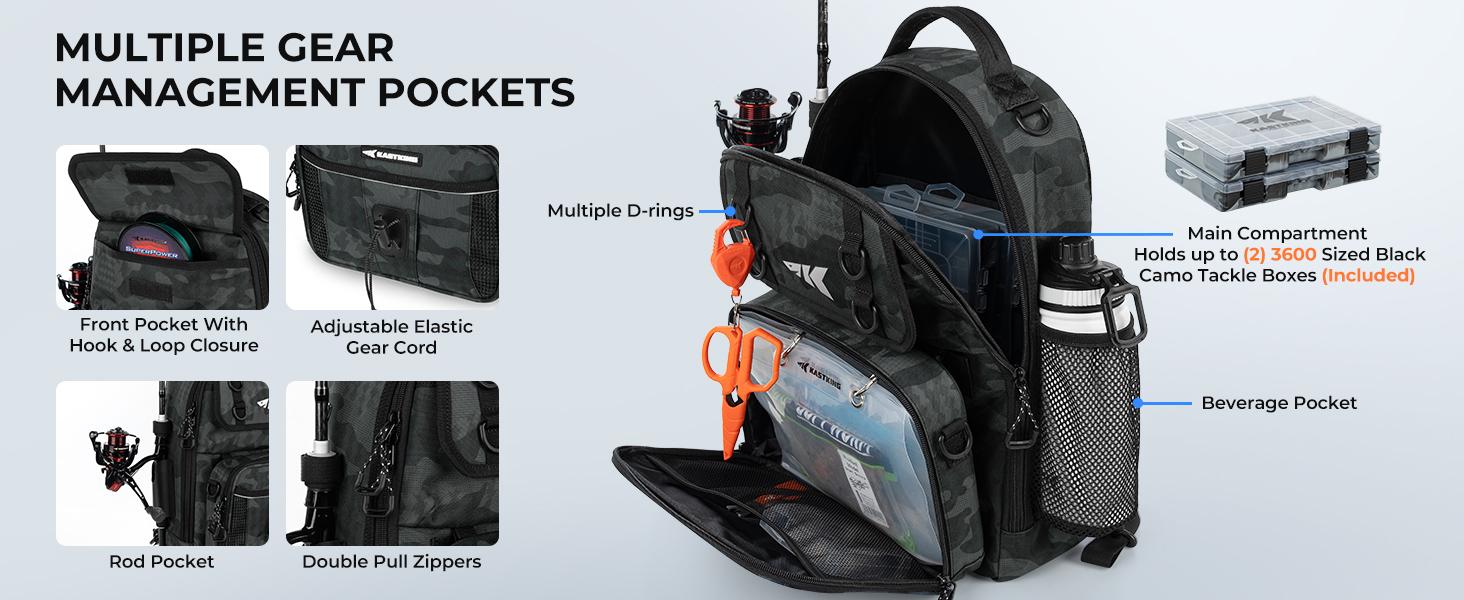 KastKing BaitSpace Fishing Sling Bag, Fishing Backpack with Rod & Beverage Holder, Tackle Bag for Fishing Gear