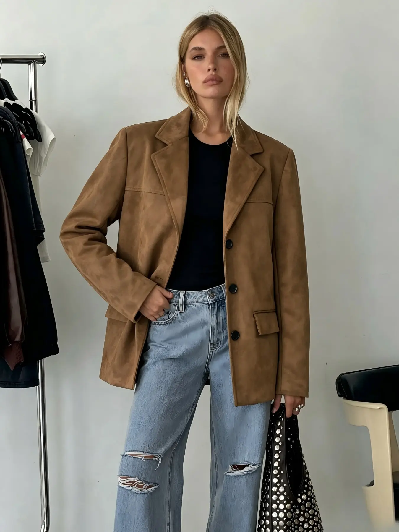 French Vintage Caramel Color Suede Blazer Coat for Women, Oversized Loose Fit Long Sleeve Outerwear, Casual Fall & Winter Fashion
