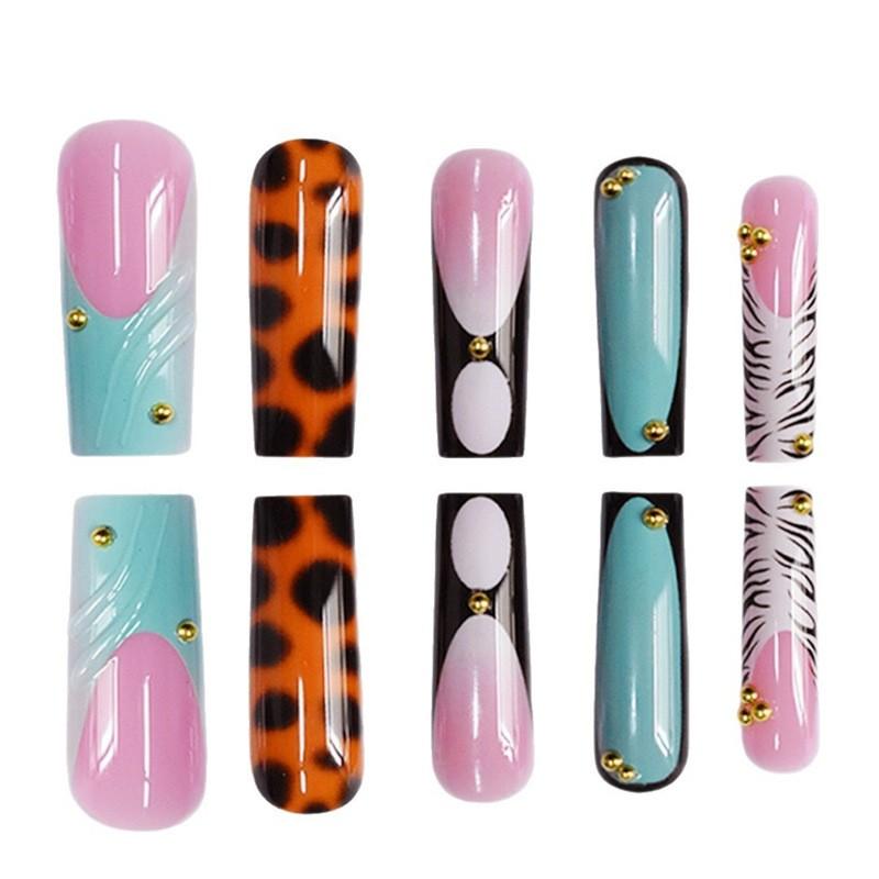 24pcs 3D Mixed Pattern Square Nails, Zebra Leopard Lake Blue Design with Gold Beads, Glossy Reusable False Nails, Y2K Style, Party & Daily Wear