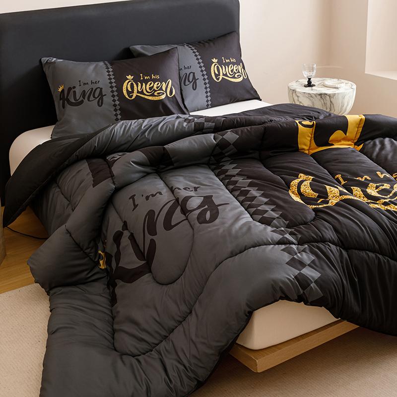 3-piece Crown letter black and gray color block super soft breathable warm  Quilt Set (1 Quilt +2 pillow cases without pillow cores), with 180gsm quilted soft ventilation digital printing for bedroom dormitory at home, no bed sheets and bed covers