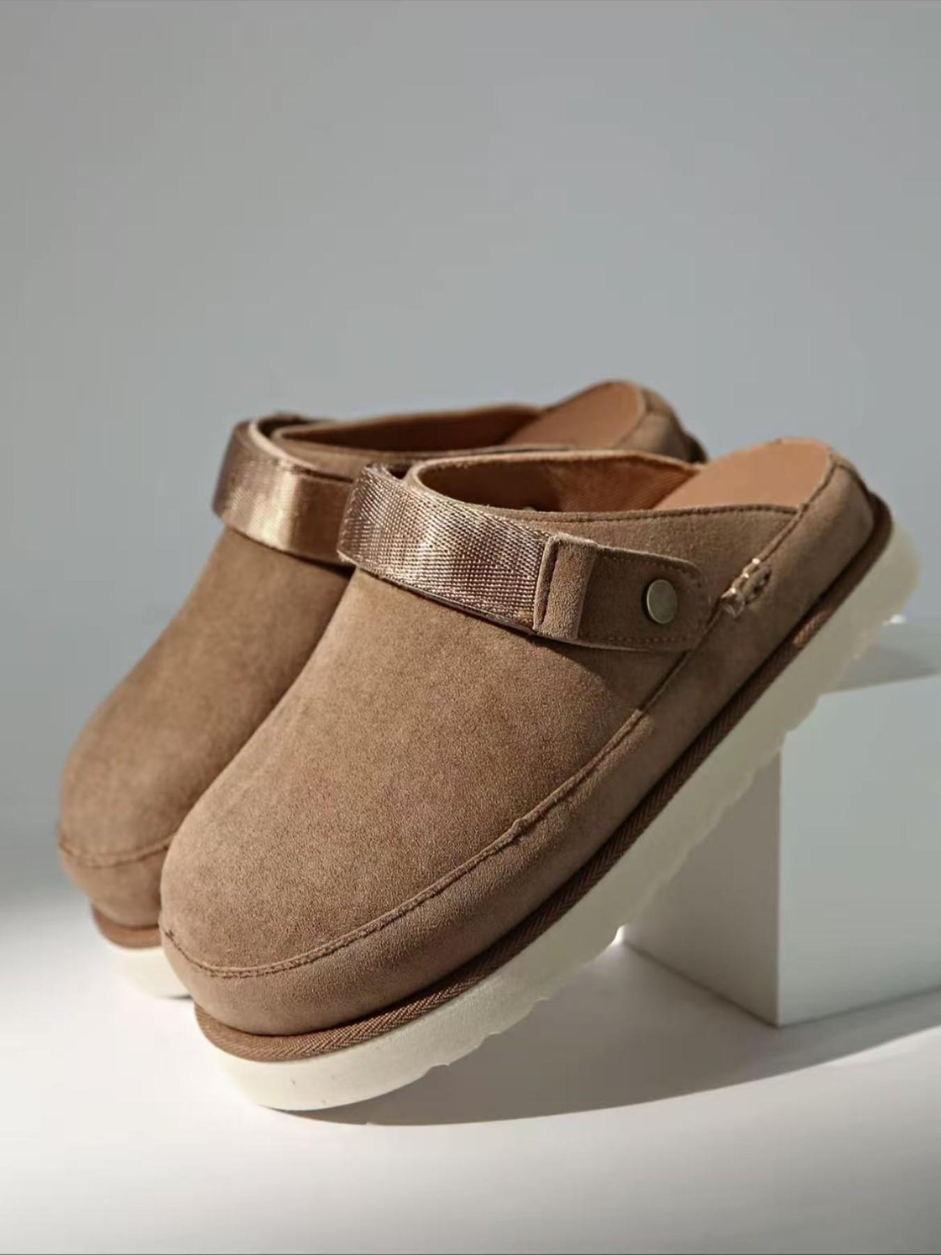 Women's Platform Mules Clogs, Closed Toe Backless Slippers, Adjustable Strap, Casual Suede Slip on Loafers for Walking, Shopping, Travel