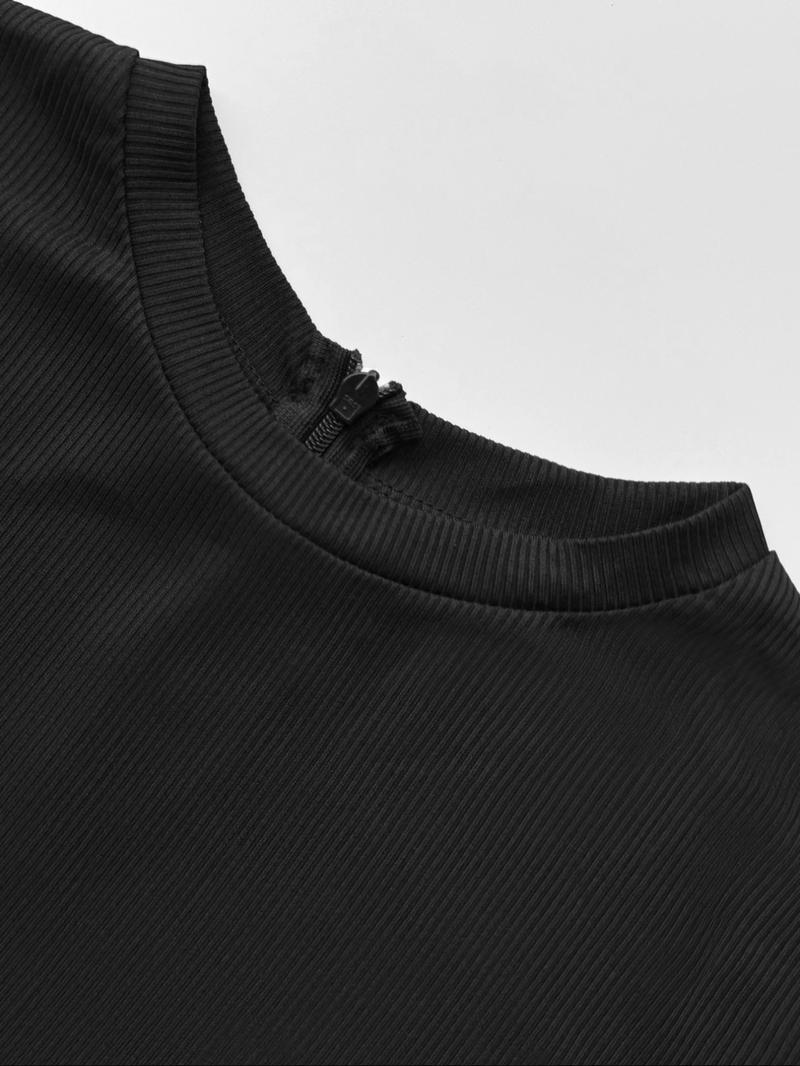 Womens Ribbed Romper Short Sleeve Jumpsuit Stretchy Bodysuit Slim Fit One Piece Casual Lounge Outfit Solid Black Soft Knit Fabric Bodycon Playsuit Crew Neck Summer Casual Wear High Stretch Figure Hugging Streetwear Minimal Chic Style