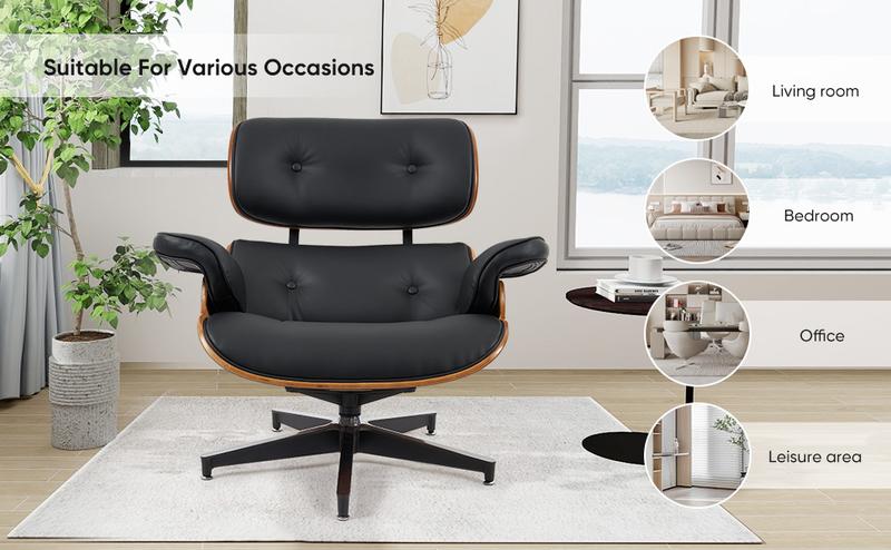 Swivel Chair with Ottoman, Top PU Modern Lounge Chair, Wide Armrest, Comfy Accent Sofa Chair for Bedroom, Living Room, Read, Nap,  Easy Assembly