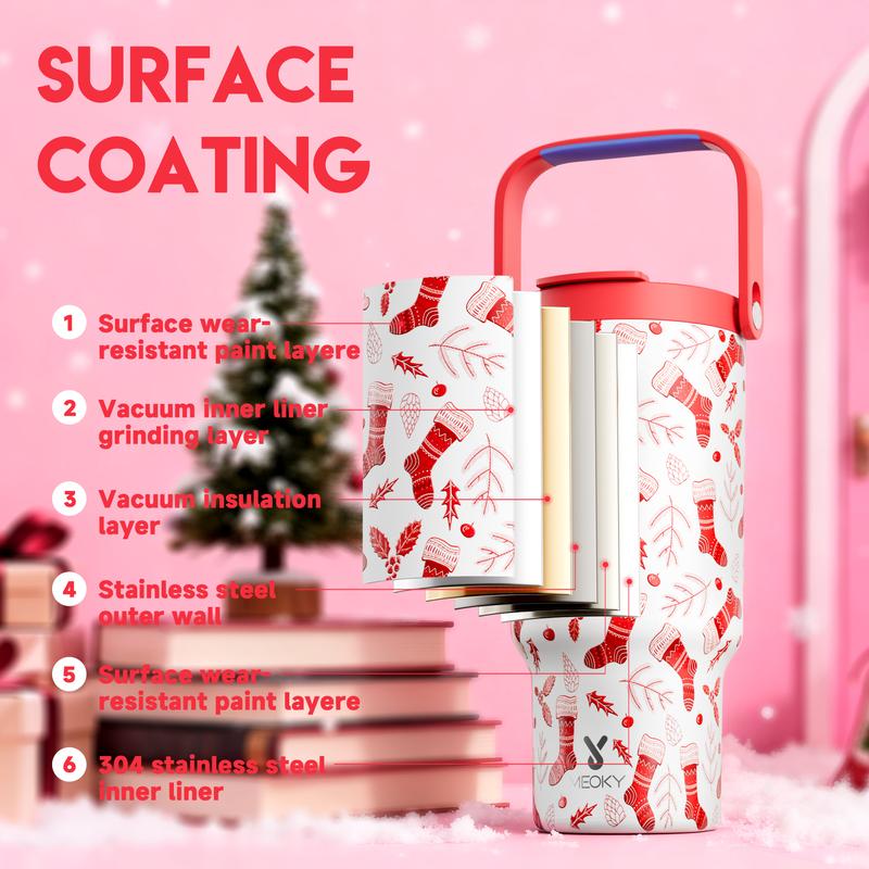 【Meoky】32oz&40oz Tumbler with Handle and Straw,Hot Water Mug, Insulated Water Bottle, Stainless Steel Travel Mug, Keeps Cold, Fits in Car Cup Holder,Christmas Gift