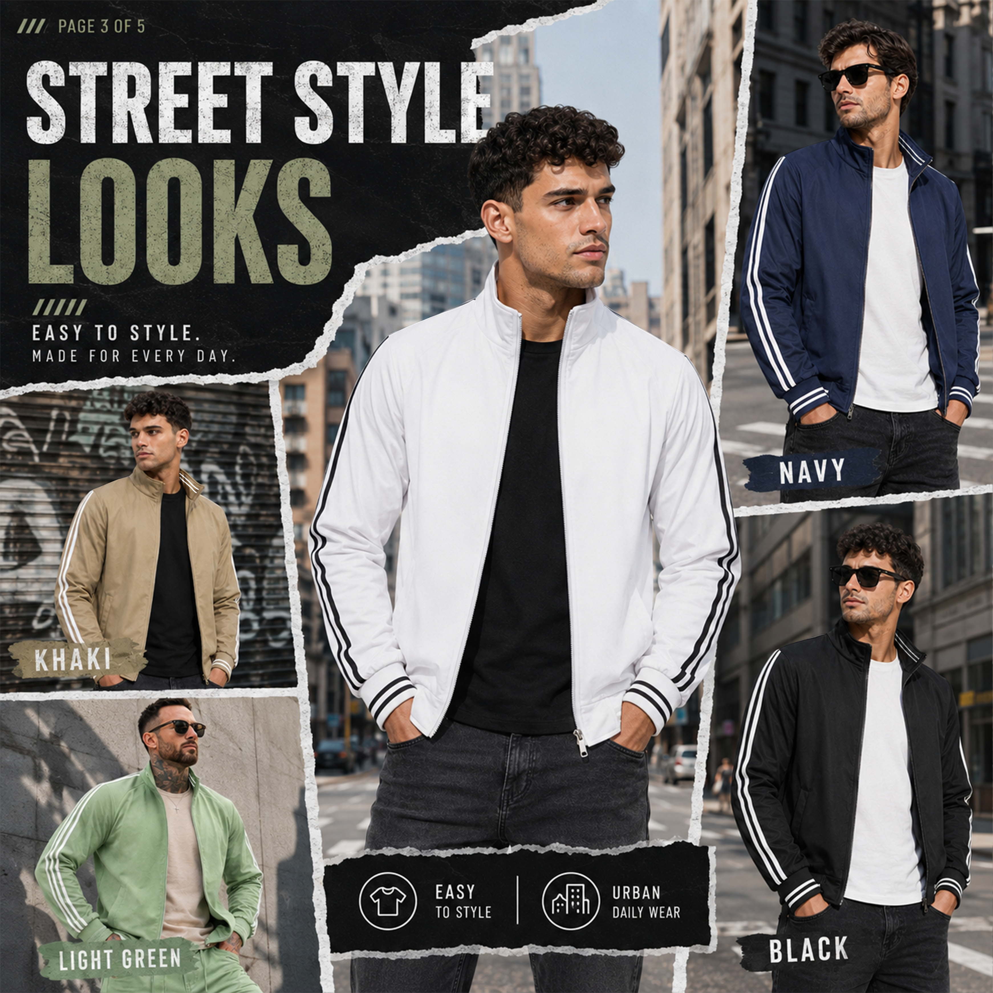 Men's Classic Ribbed Zippered Bomber Jacket - Lightweight Streetwear Coat with Lion Graphic, Sporty Stripe Sleeves and Full-Zip Front