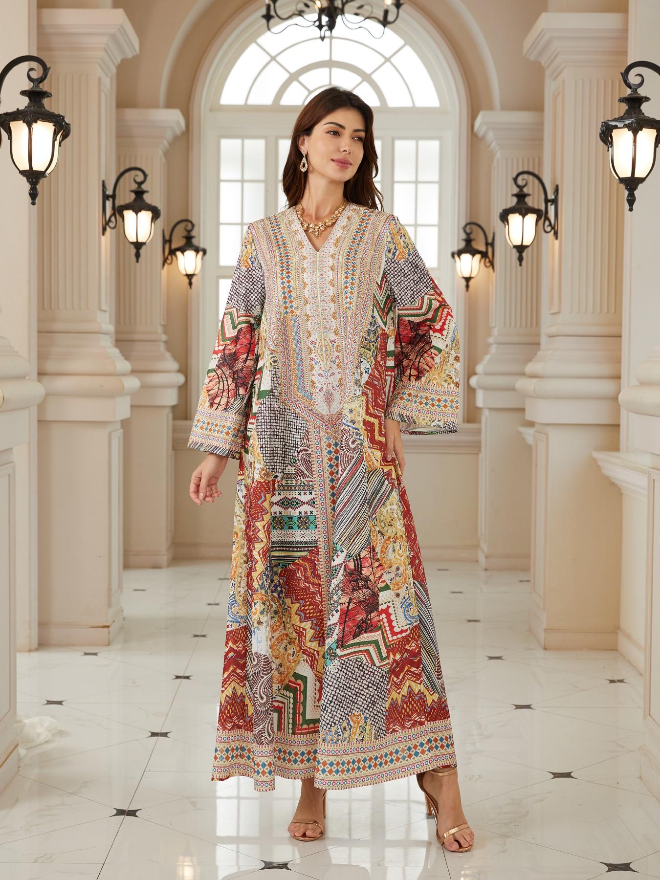 Middle Eastern Ramadan Women's Multi-Color Patchwork Paisley Rhinestone Long Robe, Dubai Style Festival Evening Gown Kaftan Abaya Dress