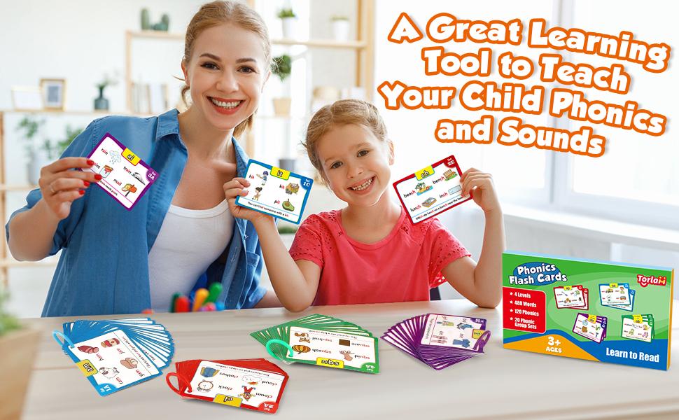 Torlam Phonics Flash Cards Learn to Read Spelling Reading Sight Words Games Include Digraphs CVC Blends Long Vowel Sounds 4 Levels Colorful Flashcards