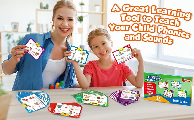 Torlam Phonics Flash Cards Learn to Read Spelling Reading Sight Words Games Include Digraphs CVC Blends Long Vowel Sounds 4 Levels Colorful Flashcards