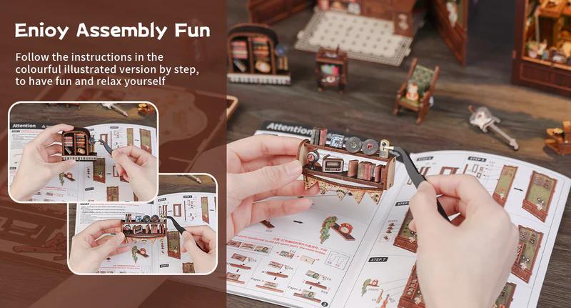 CUTEBEE DIY 3D Book Nook Kit Memories Music Bookshop – Miniature Wooden Music & Bookstore Streetscape with LED Light, Handmade Tiny House Decor | Holiday, Christmas and Black Friday Gift