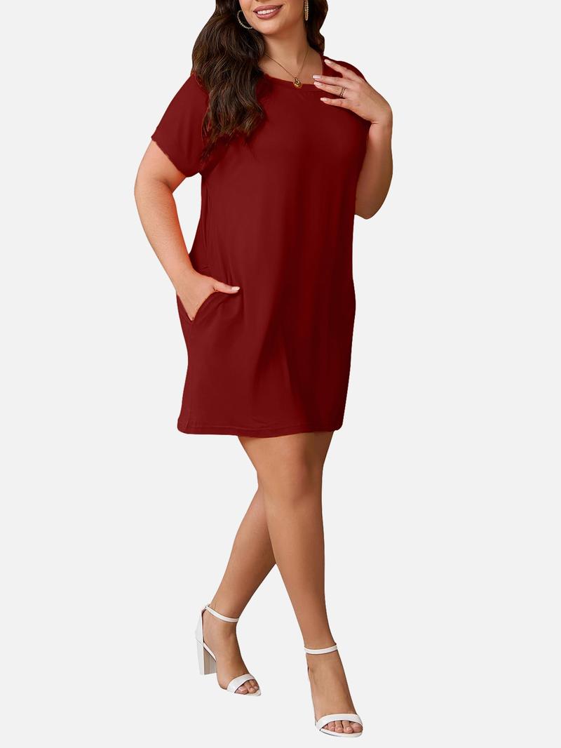 Women's Solid Color Batwing Sleeve Hidden Pocket Tee Dress, Casual Fashionable Daily Wear, Comfortable & Stylish Design