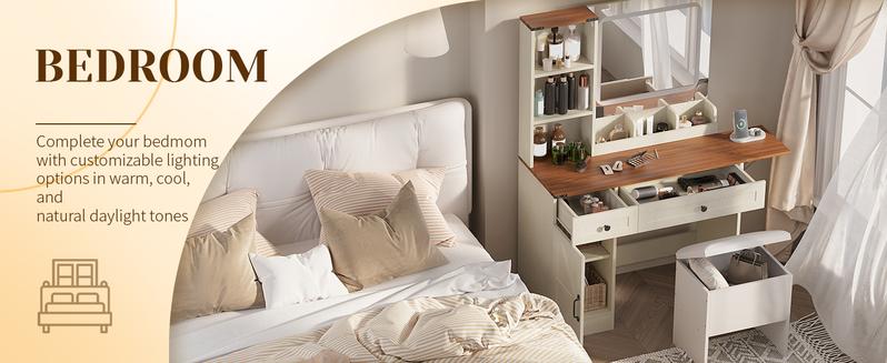 Modern Makeup Vanity Set with Adjustable LED Mirror,Vanity Desk with Stool, Dressing Table Set Furniture Organization