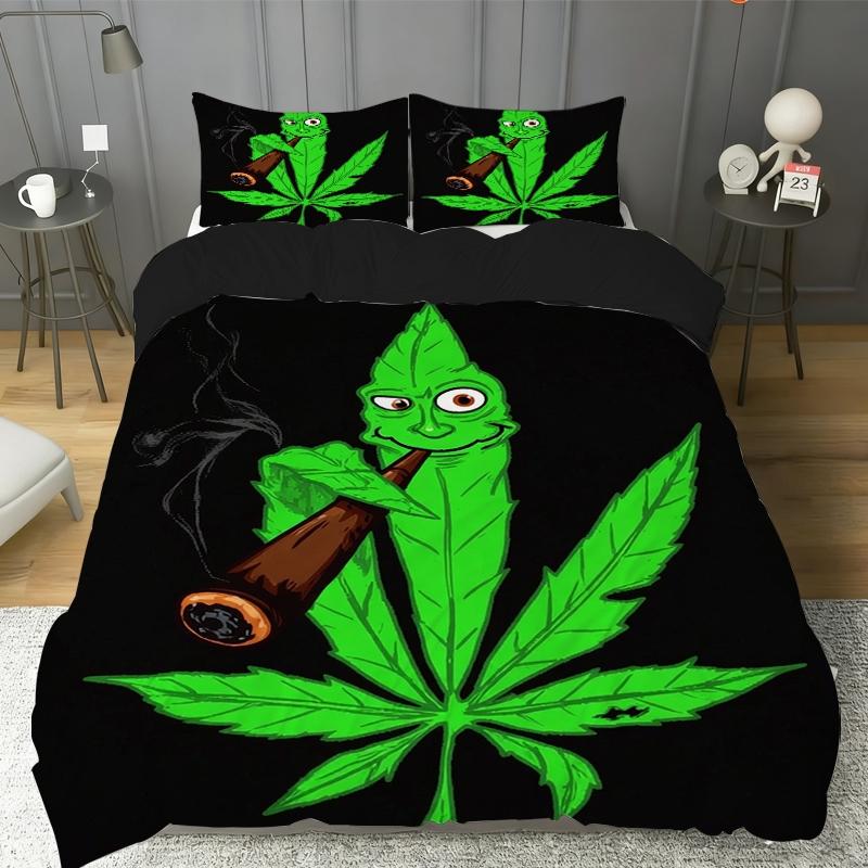 2 or 3 Piece Hemp Leaf Lucky Animal Print Set, Includes 1 Bedspread and 1 or 2 Pillowcases, Soft Bedroom Decor for Kids and Adults