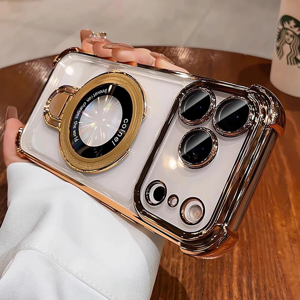 For Magsafe Wireless Charging Case For iPhone 17 Pro Max Air 14 15 Plus 13 12 16 Pro Transparent Plating Ring Holder Phone Cover