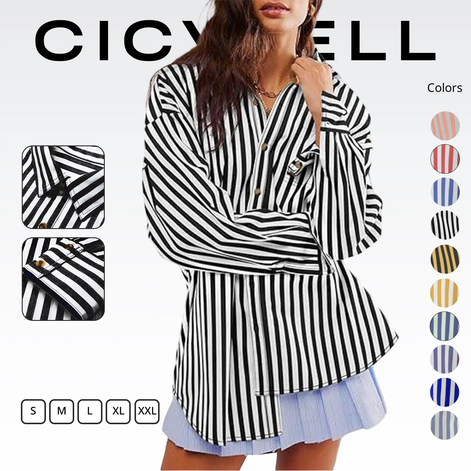 Cicy Bell Women's Oversized Striped Button Down Shirts Boyfriend Long Sleeve Collared Work Blouses Casual Chic Fit