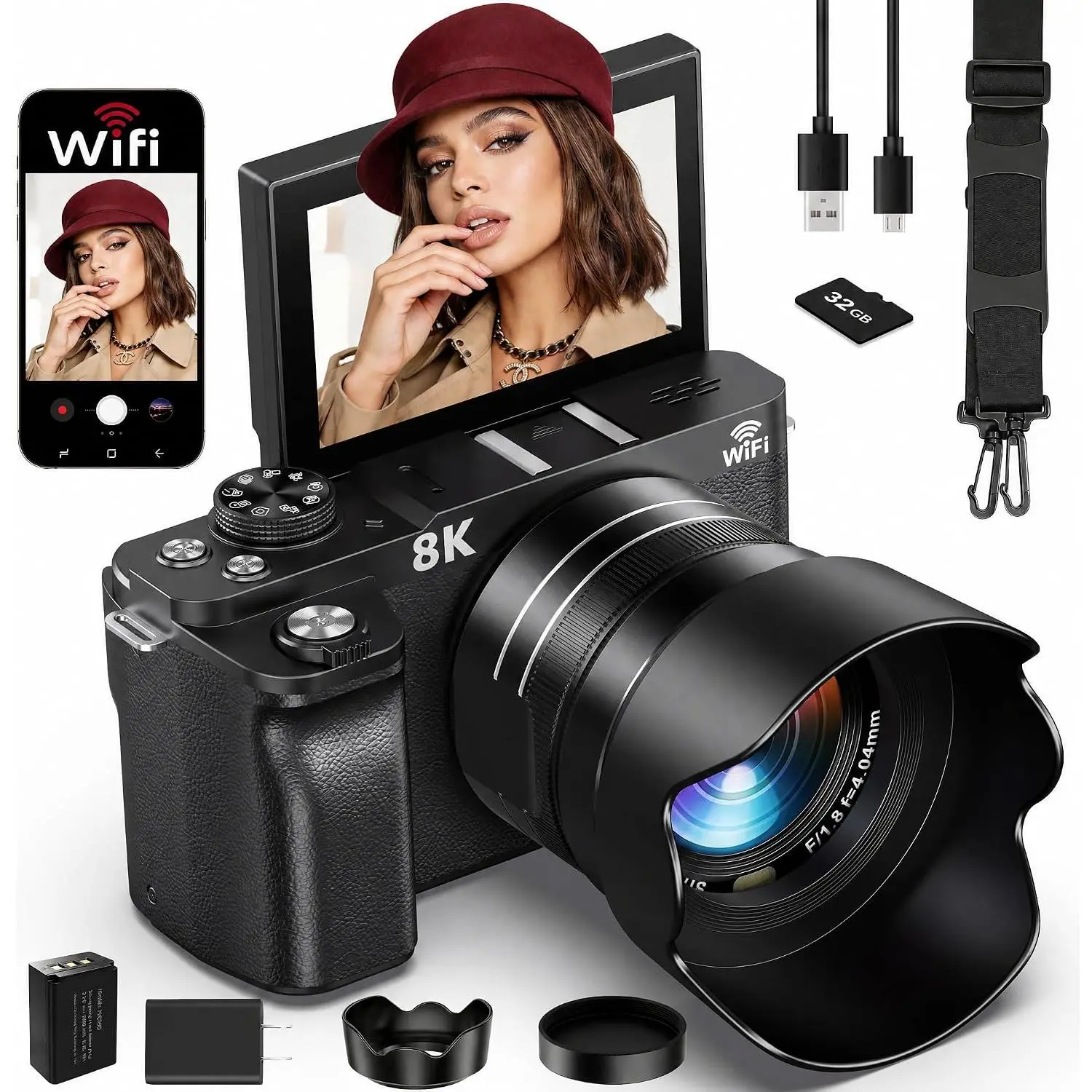 8K Digital Camera WiFi - 88MP Vlogging Cameras for Photography with 3" 180° Flip Screen 18X Zoom - UHD Video Camara for YouTube - Autofocus Travel Camera with Lens , Memory Card, Flash