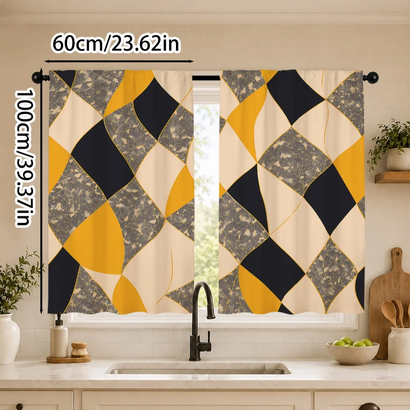 2pcs Modern, minimalist luxury semi-blackout curtains in yellow, black, and beige with a diamond geometric pattern. Pocket rod installation, made of polyester, suitable for bedrooms, kitchens, studies, etc. Semi Shading Curtain
