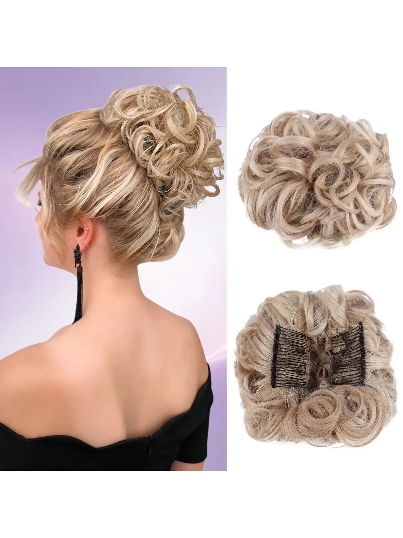 Messy Bun Scrunchie Hair Piece with Combs Clip in Bun Scrunchy Updo Wavy Donut with Jaw Claw Synthetic Big Chignons Hairpiece for Women Curly Touseld Juva Bun