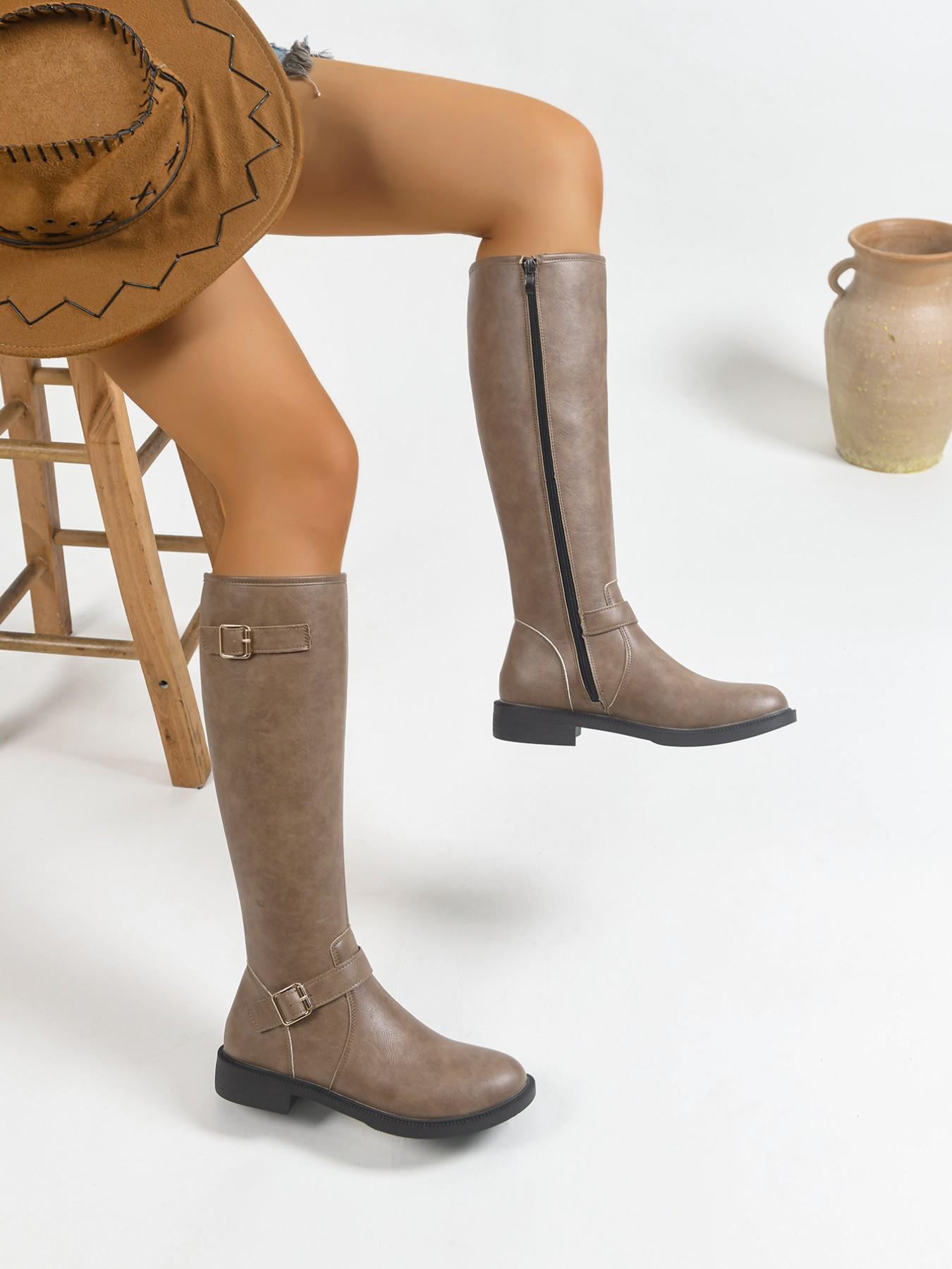 Simple Straight Calf Knight Boots, Round Toe Flat Sole, Dual Buckle Decor, Distressed PU Leather, Side Zipper, Daily Wear Tall Boots