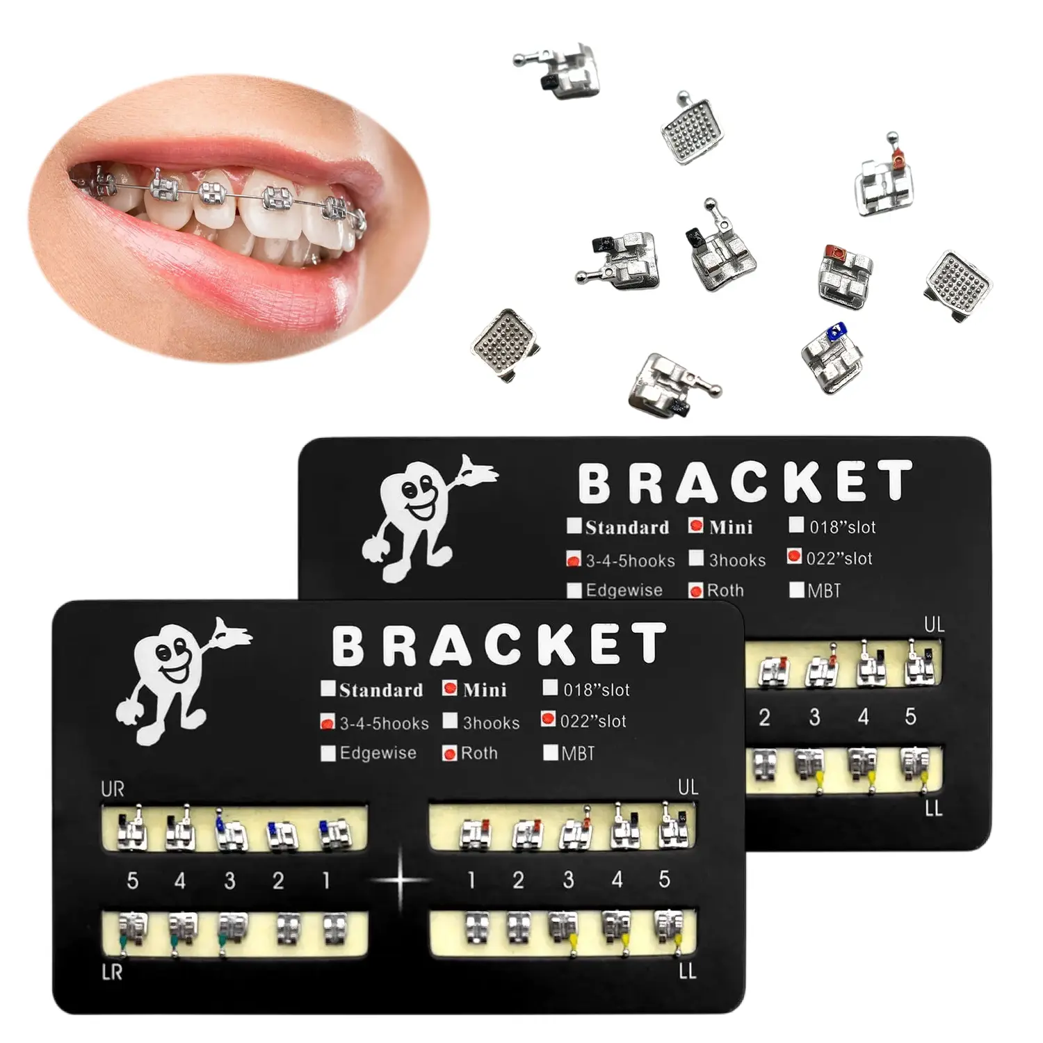 100Pcs Mini Roth Orthodontic Brackets Set, 022 Slot Bondable Brackets with 345 Hook, Silver Metal Dental Braces with Mesh Base, Teeth Correction Bonding Accessories
