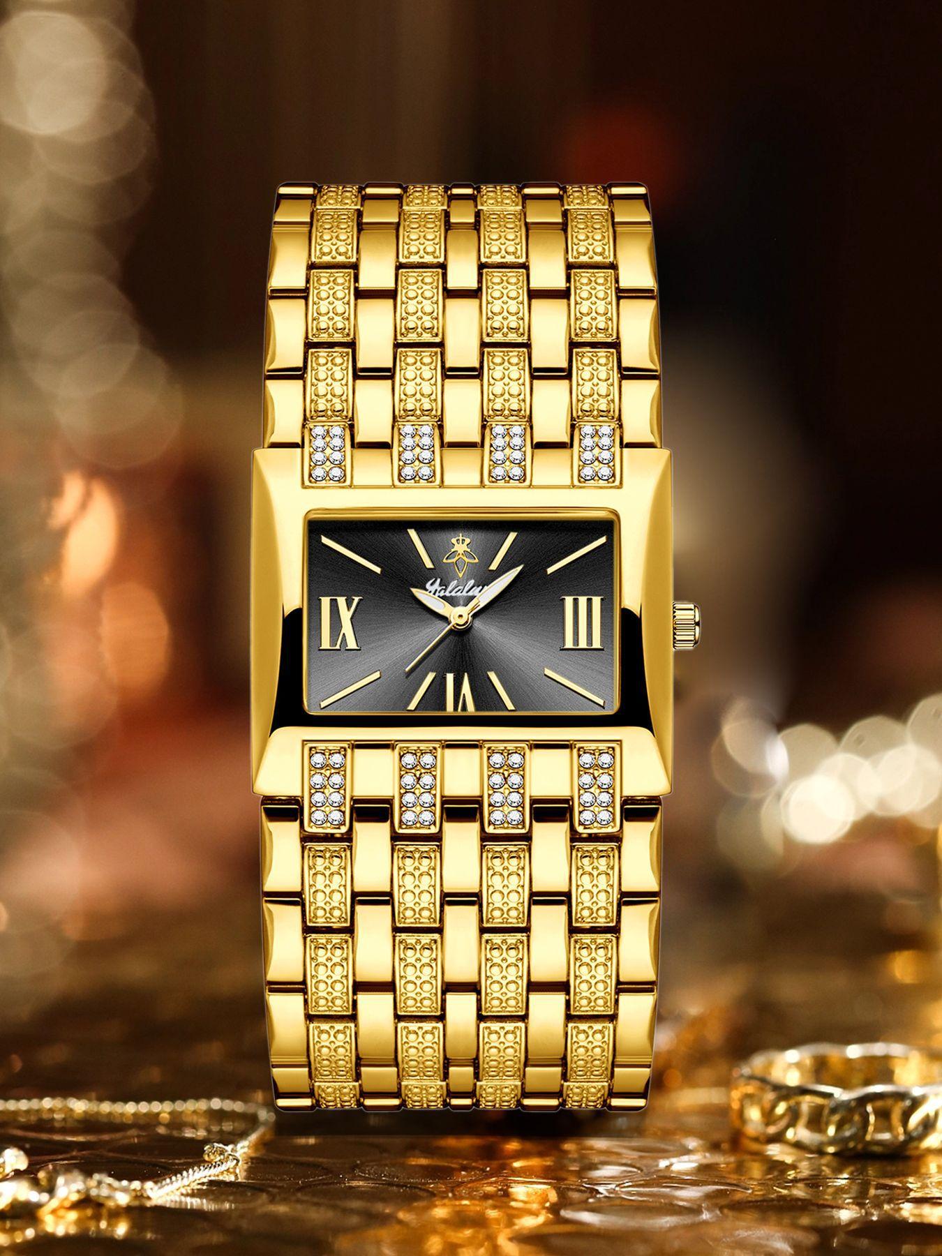 Women's Luxury Gold Square Diamond Watch - Elegant Bling Crystal Encrusted Bracelet with Roman Numerals, Stainless Steel Band, Fashion Dress Wristwatch, Perfect Gift for Her