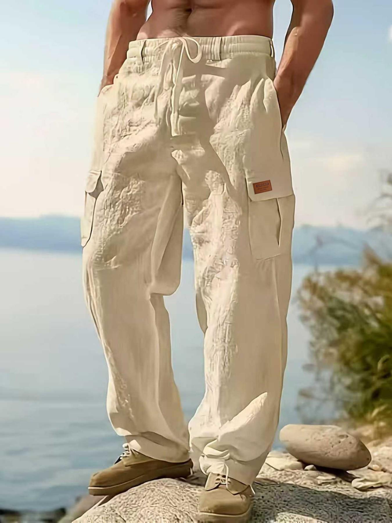 Men's Linen Cargo Pants with Drawstring Waist, Multiple Pockets, Straight Leg, Breathable Outdoor Beach Casual Long Pants