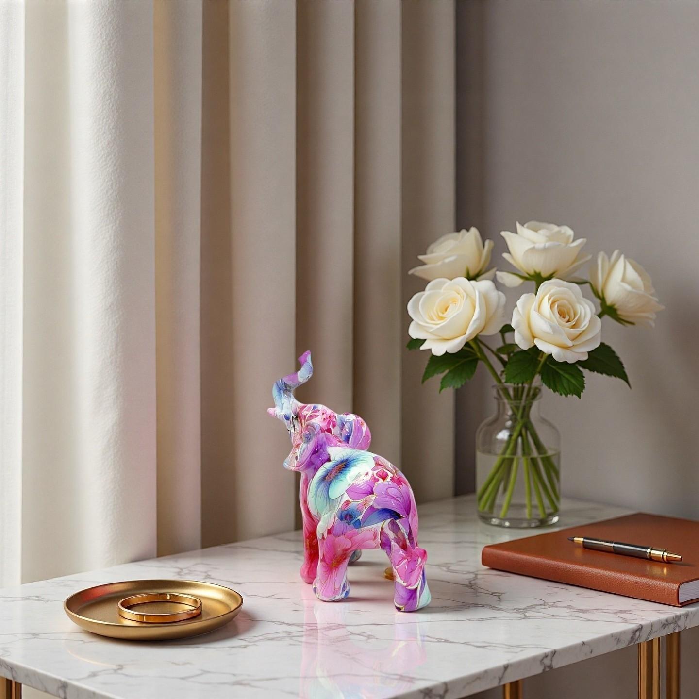 Floral Resin Elephant Figurine, Creative Lucky Elephant Home Decor, Living Room TV Cabinet Decoration, Unique Gift Art Table Ornament
