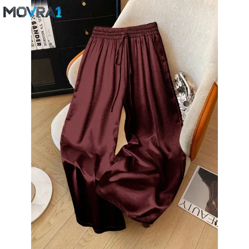 MOVRA1 Women's Glitter Satin Wide Leg Pants, Casual Lounge Pant, Casual Comfy Baggy Loose Fit Elastic Waist Drawstring Pockets, All Seasons Fashion Home Vacation Party Womenswear