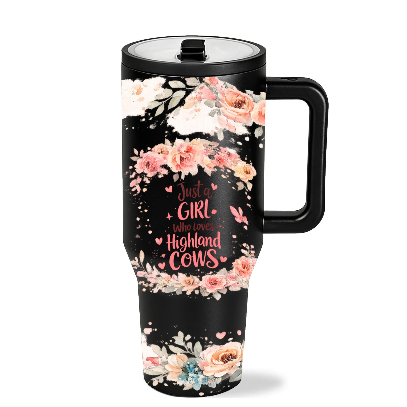 40oz Highland Cow Straw Tumbler, Just A Girl Who Loves Cows Design, Floral Cow Aesthetic Cup, Farm Girl Country Style, Vacuum Insulated Tumbler with Handle, Leak Proof Lid, Hot Cold Drinks All Day, Cute Cow Lover Gift, Insulated Travel Drinkware