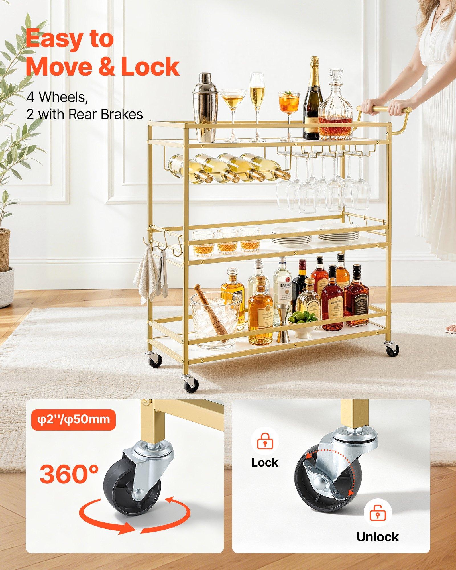 VEVOR Bar Cart Organiser, 3-Tier Modern Rolling Utility Station with Locking Wheels, Engineered Wood Shelf, Wine Rack, Glass Holder, for Bar Service & Outdoor Events, 35.83x12.99x36.81in Gold