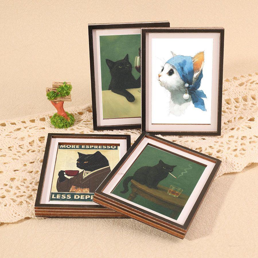 4 Pcs Fun Cat Refrigerator Magnets, Mini Frame Magnet Set, Home & Festival Decor, Perfect Holiday Gift, Creative Kitchen Accessories