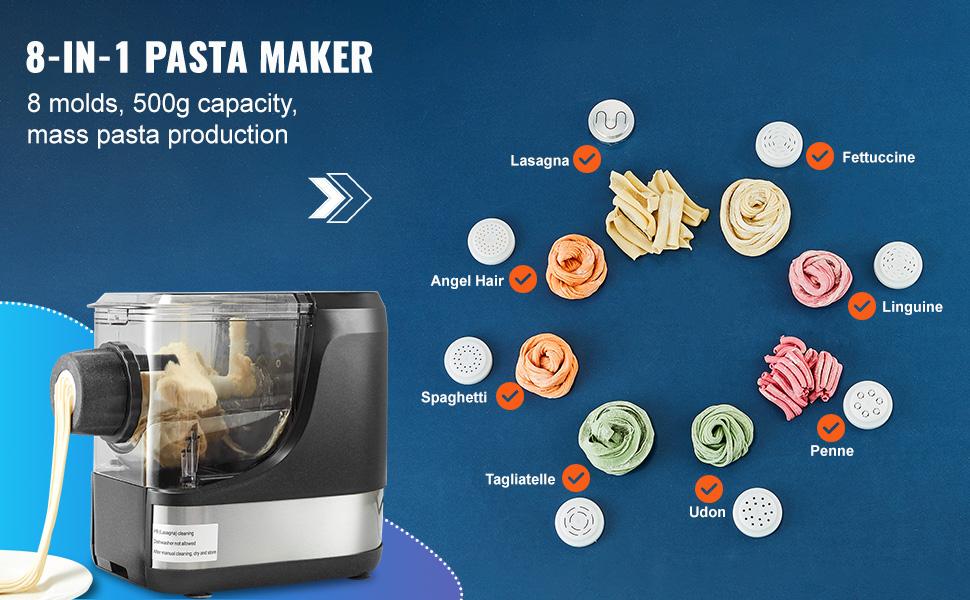 VEVOR Electric Pasta Maker, 150W Automatic Noodle Maker Machine with 8 Pasta Shapes, 4 Intelligent Modes, 500g Flour Capacity Pasta Maker Machine with Measuring Cups, Cleaning Brush for Home Kitchen