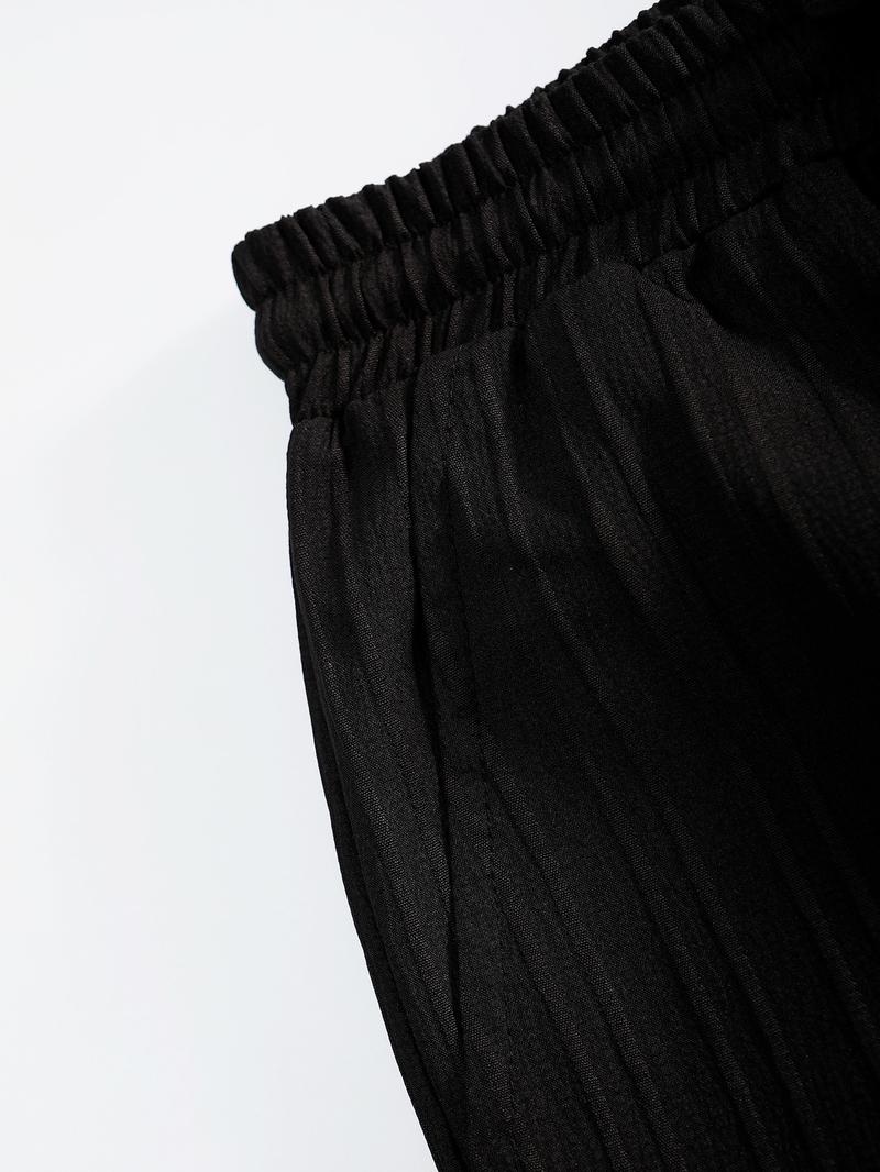 Men's All-Black Vertical Texture 2-Piece Casual Set - Long-Sleeve Button-Up Shirt + Elastic-Waist Pants, Lightweight Drapey Fabric, Relaxed Loose Fit, Minimalist Sophisticated Design, Perfect forOutdoor Brunch, Urban Office Commutes, Café Meetings & Casua