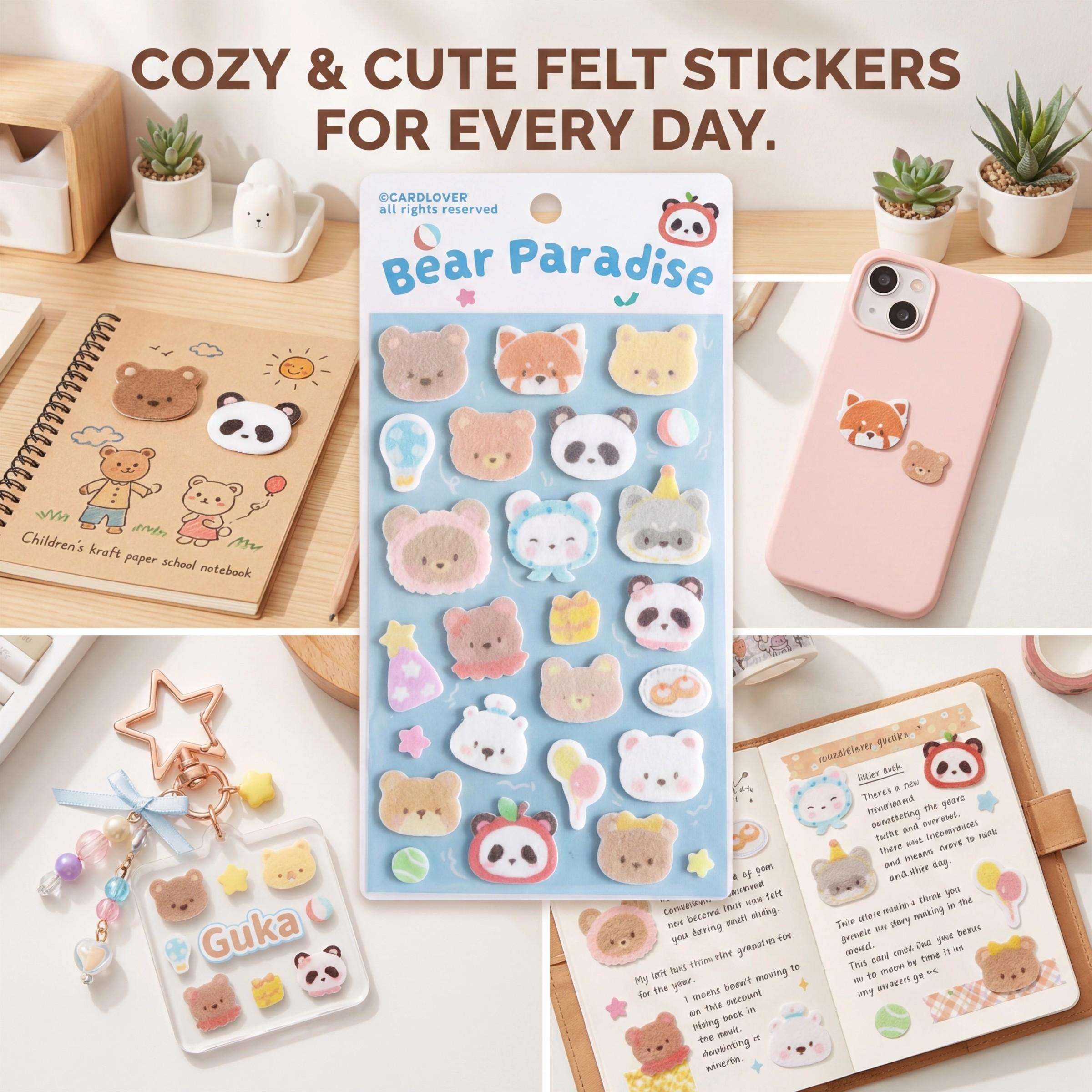 Cartoon Bear Play Mat Felt Stickers, High-Quality Embossed Decals for Scrapbooks, Notebooks, Phone & Tablet Decorations