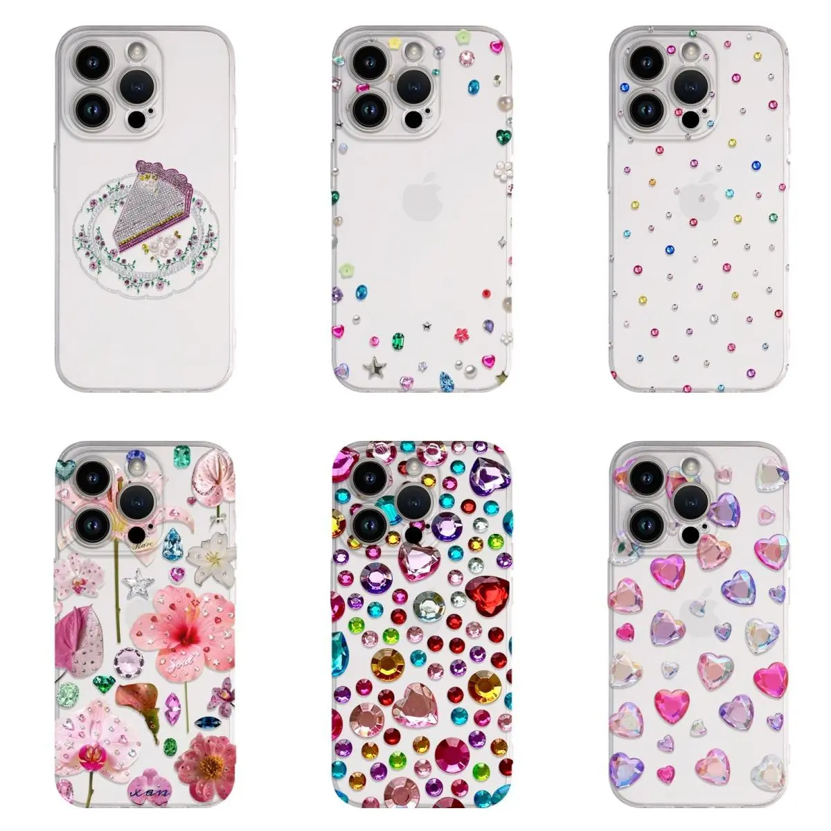 Colorful Rhinestone Gem & Floral Cake Pattern Clear Phone Case for iPhone 18, Cute Sparkly Bling Print TPU Shockproof Protective Cover, Slim Transparent Case for Women Girls