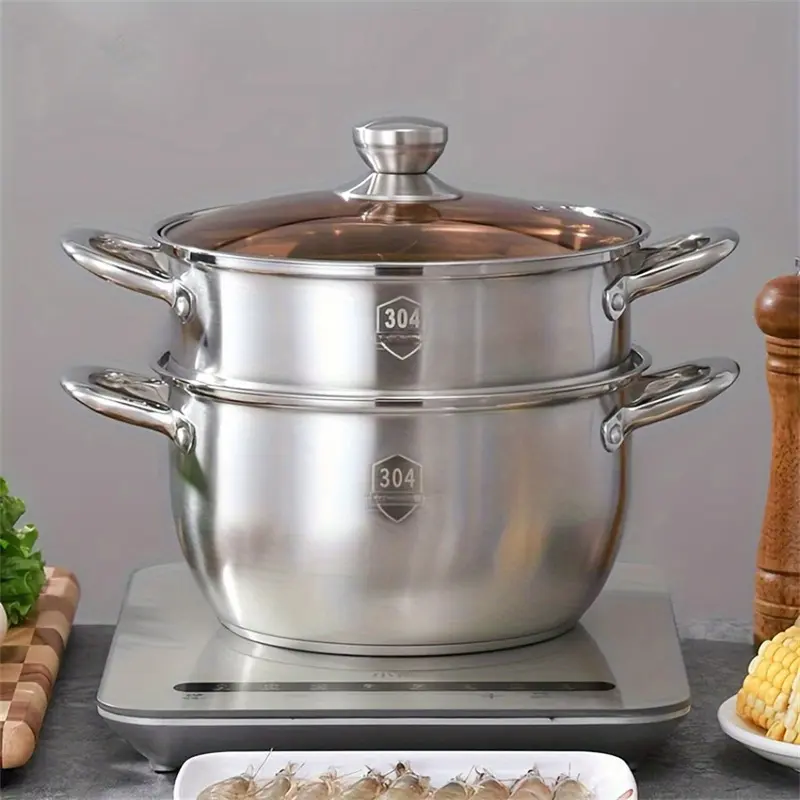 1pc Stainless Steel Double Layer Thickened Steamer Cookware Household Steaming Tools for Steamed Buns Breads Small Pot Universal on Gas Stove Induction Cooker
