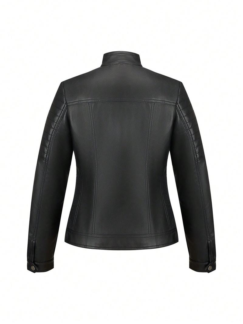 Women's PU Jacket Spring Fall Retro Motorcycle Style, Casual Fitted Plaid Outerwear, Long Sleeve Stand Collar Commuter Coat