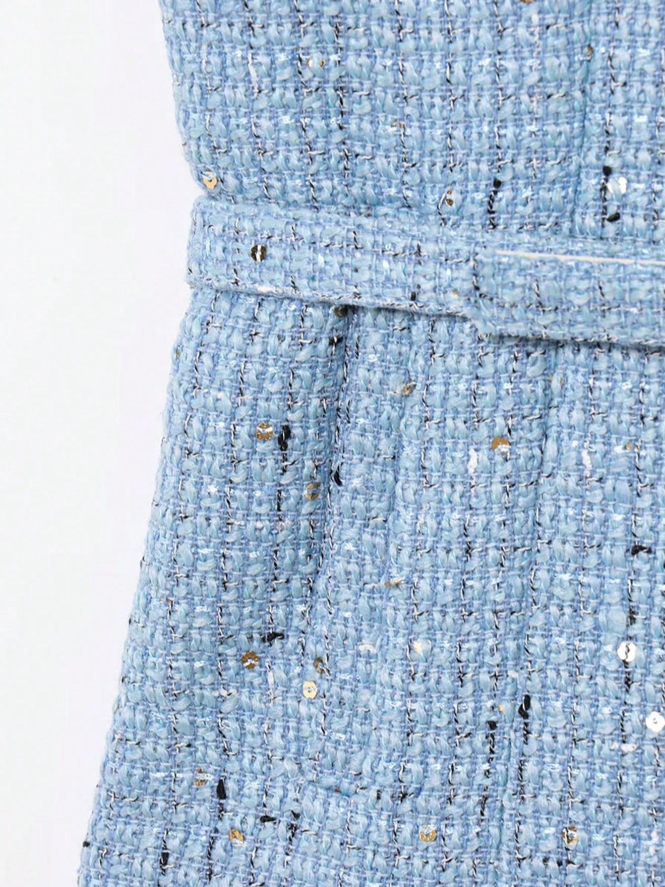 Women's Elegant Belted Sequined Vest, Round Neck Sleeveless Single Button Fitted Jumper, Vintage Fashion Commuter Style, Casual Daily Wear