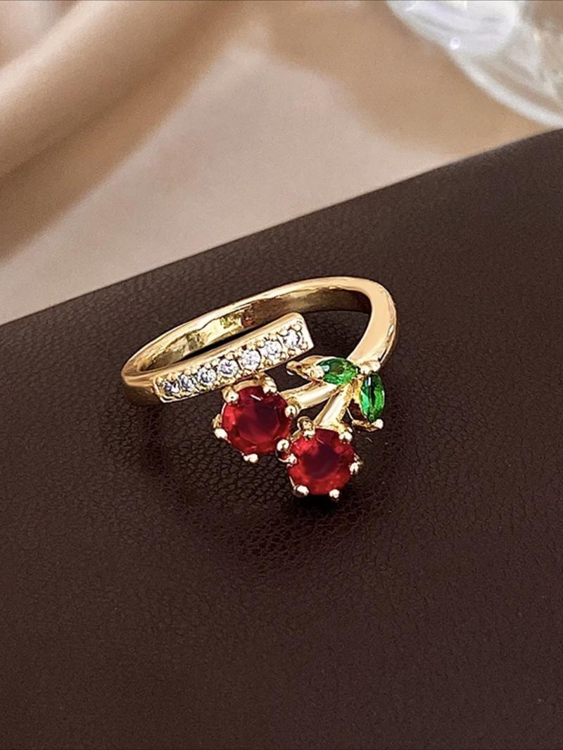 Cute Sweet Cherry Adjustable Ring, Elegant Women's Fashion Cubic Zirconia Ring, Perfect for Daily Wear, Parties, Vacations